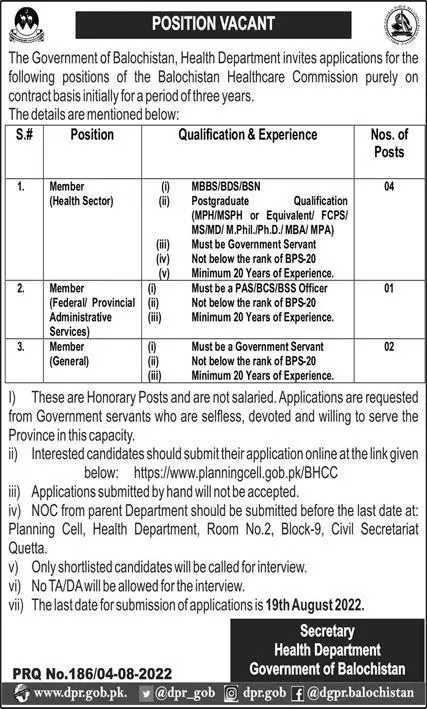 Jobs in Health Department Quetta Balochistan – Health Department Balochsitan Jobs 2022 — original advertisement
