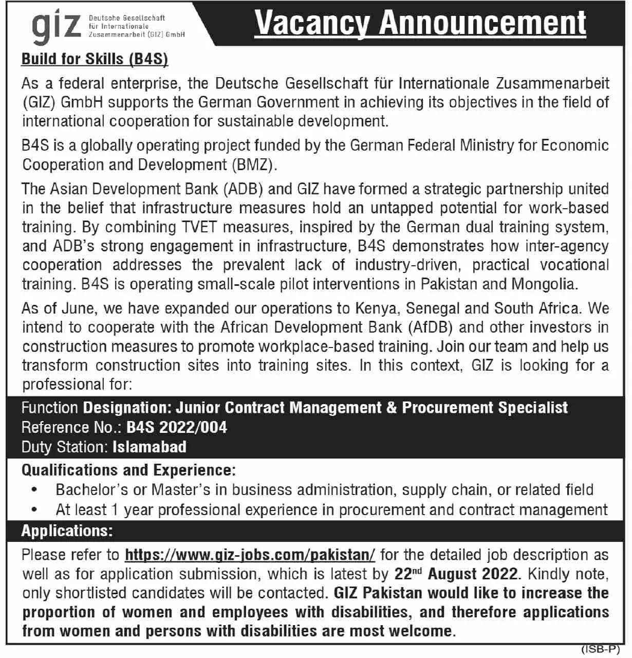 Jobs in Giz NGO – GIZ Deutsche Gesellschaft für Internationale Zusammenarbeit (GIZ) GmbH Jobs 2022 — original advertisement
