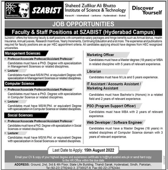 Jobs in Shaheed Zulfikar Ali Butto Institute of Science – Shaheed Zulfiqar Ali Bhutto Institute of Technology Jobs 2022 — original advertisement