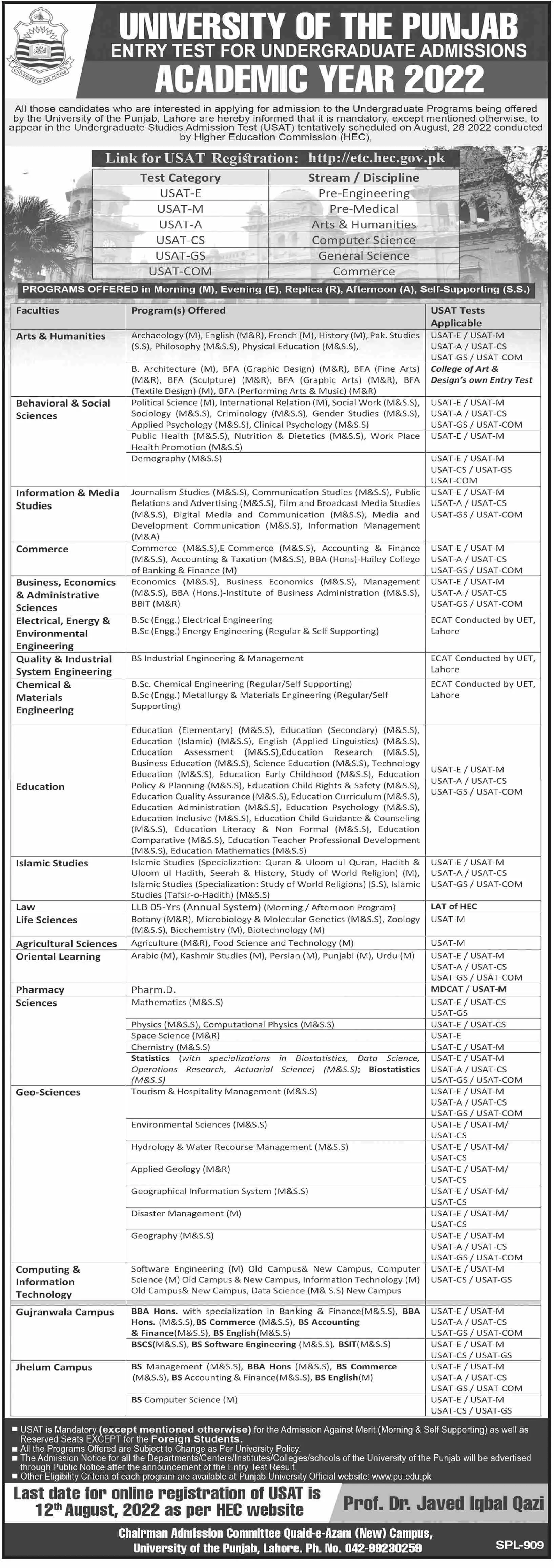 Admission in University of Punjab Admissions 2022 — original advertisement