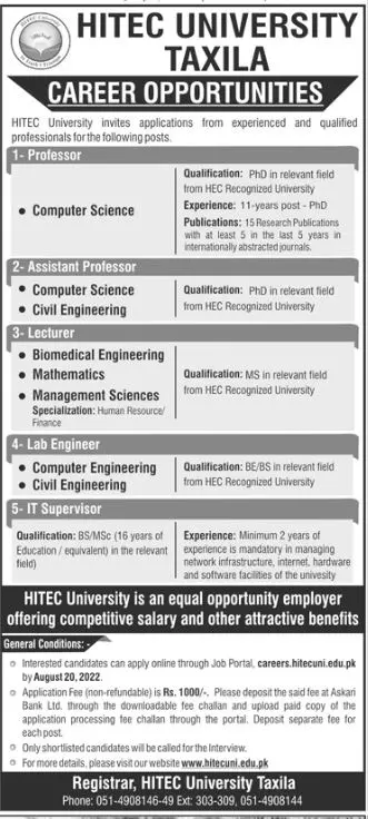 Jobs in HITEC University Taxila Jobs 2022 — original advertisement