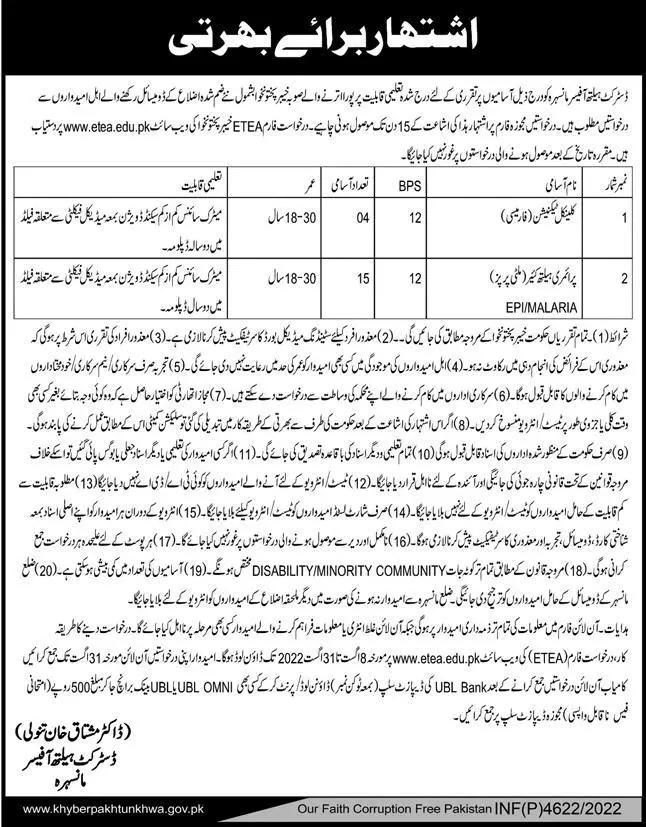 Jobs District Health officer Mansera – Health Department KPK Jobs 2022 — original advertisement