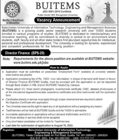 Balochistan University of information Technology Quetta Jobs – Balochistan University of Information Technology & Management Science Quetta Jobs 2022 — original advertisement