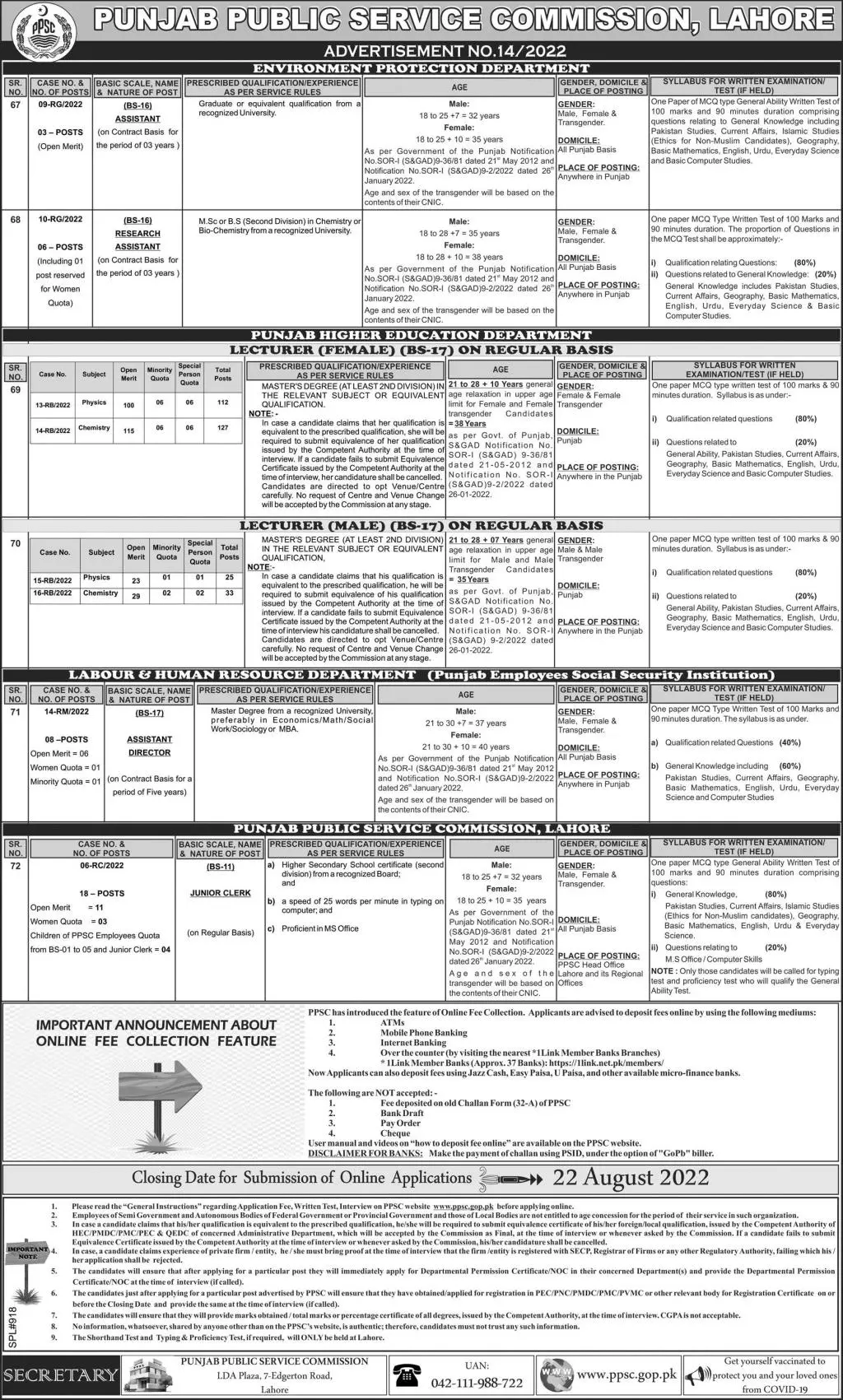 Jobs in Punjab Public Service Commission 14/2022 – Punjab Public Service Commission Lahore Jobs 2022 — original advertisement