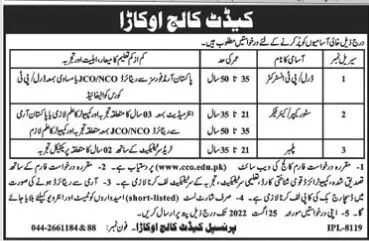 Jobs in Cadet college okara Punjab Jobs 2022 — original advertisement