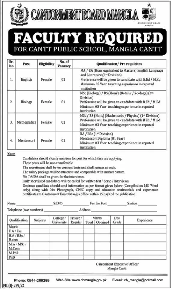 Jobs in Cantt Public School Cantonment Board Mangla Jobs 2022 — original advertisement