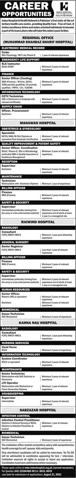 Jobs in Indus Hospital & hospital & Health Network Jobs 2022 — original advertisement