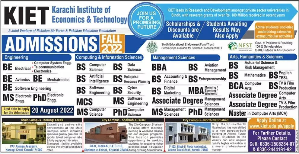 Admission in karachi Institute of Economic & Technology – Karachi Institute of Economics and Technology KIET Admissions 2022 — original advertisement
