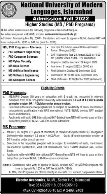Admission in National University of Modern Languages – National University of Modern Languages Islamabad Admissions 2022 — original advertisement