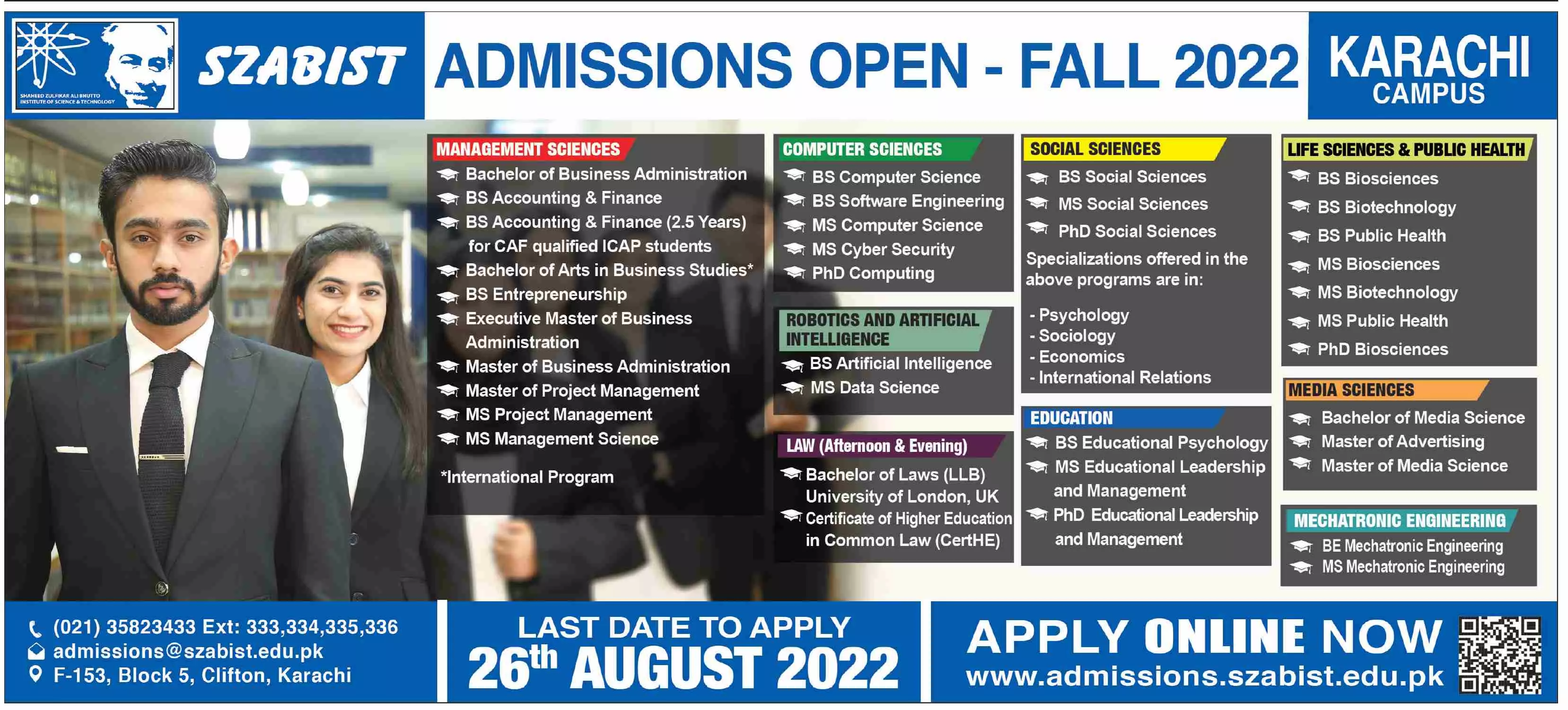 Admission in Shaheed Zulfikar Ali Bhutto Institute of Scienc – Shaheed Zulfiqar Ali Bhutto Institute of Technology Admissions 2022 — original advertisement