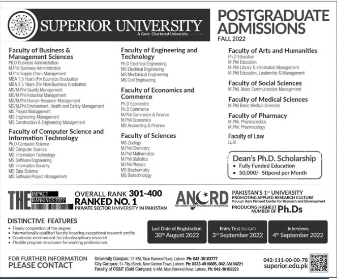 Admission in Superior University Lahore Admissions 2022 — original advertisement