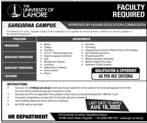 Jobs in The University of Lahore Jobs 2022 — original advertisement