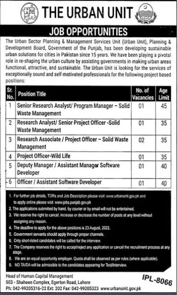 Jobs In Planning & management Sciences unit Punjab – The Urban Unit Punjab Jobs 2022 — original advertisement