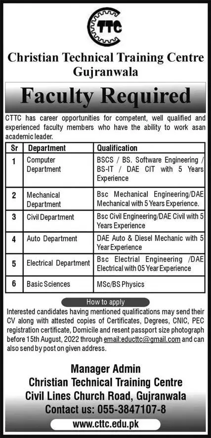 Jobs in christian Technical Traning Centre Gujranwala – Christian Technical Training Centre Jobs 2022 — original advertisement