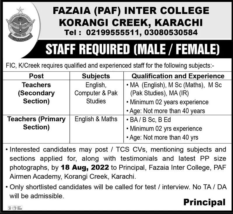Jobs in Fazaia Paf Inter College Korangi Creek Karachi – Fazaia Schools & Colleges Jobs 2022 — original advertisement