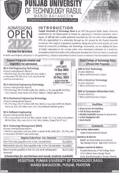 Admission in Punjab University of techanlogy Rasul – Punjab University of Technology Rasul District Mandi Bahaudin Admissions 2022 — original advertisement