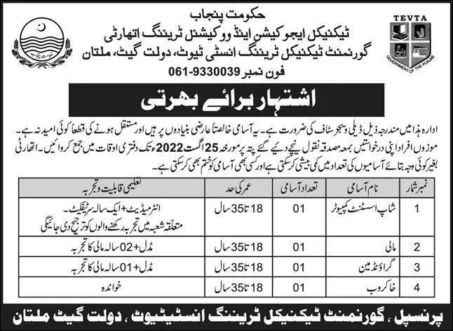 Jobs in Technical Education & Vocational Training Authority – Technical Education & Vocational Training Authority TEVTA Punjab Jobs 2022 — original advertisement