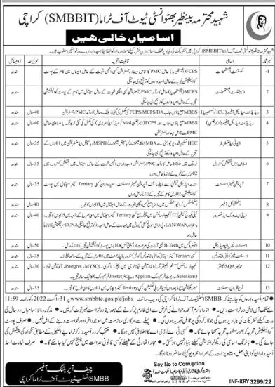 Jobs in Shaheed Mohtarma Benazir Bhutto Institute of Trauma Jobs 2022 — original advertisement