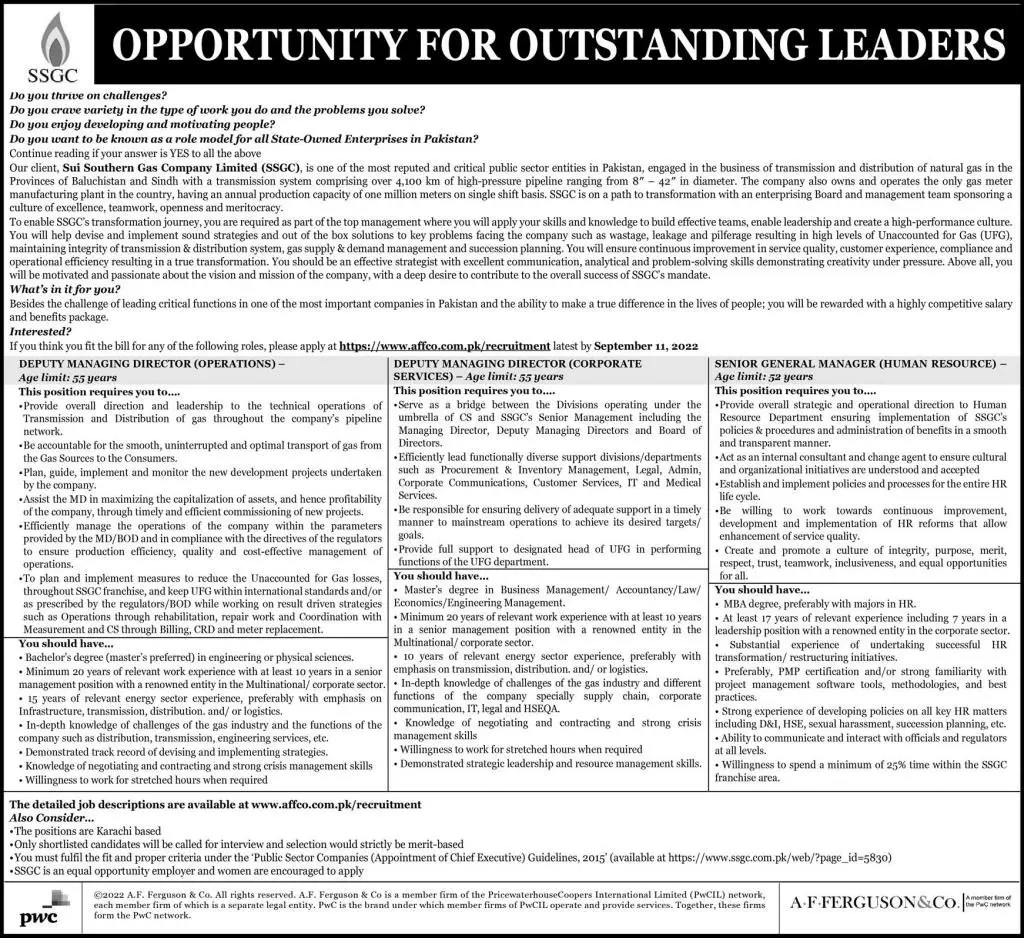 Jobs in Sui Southern Gas Company SSGC – Sui Southern Gas Company Limited Jobs 2022 — original advertisement