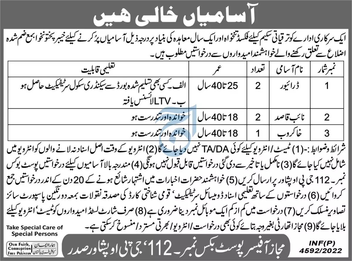 Jobs in Government sector organization Peshawar – Public Sector Organization Jobs 2022 — original advertisement