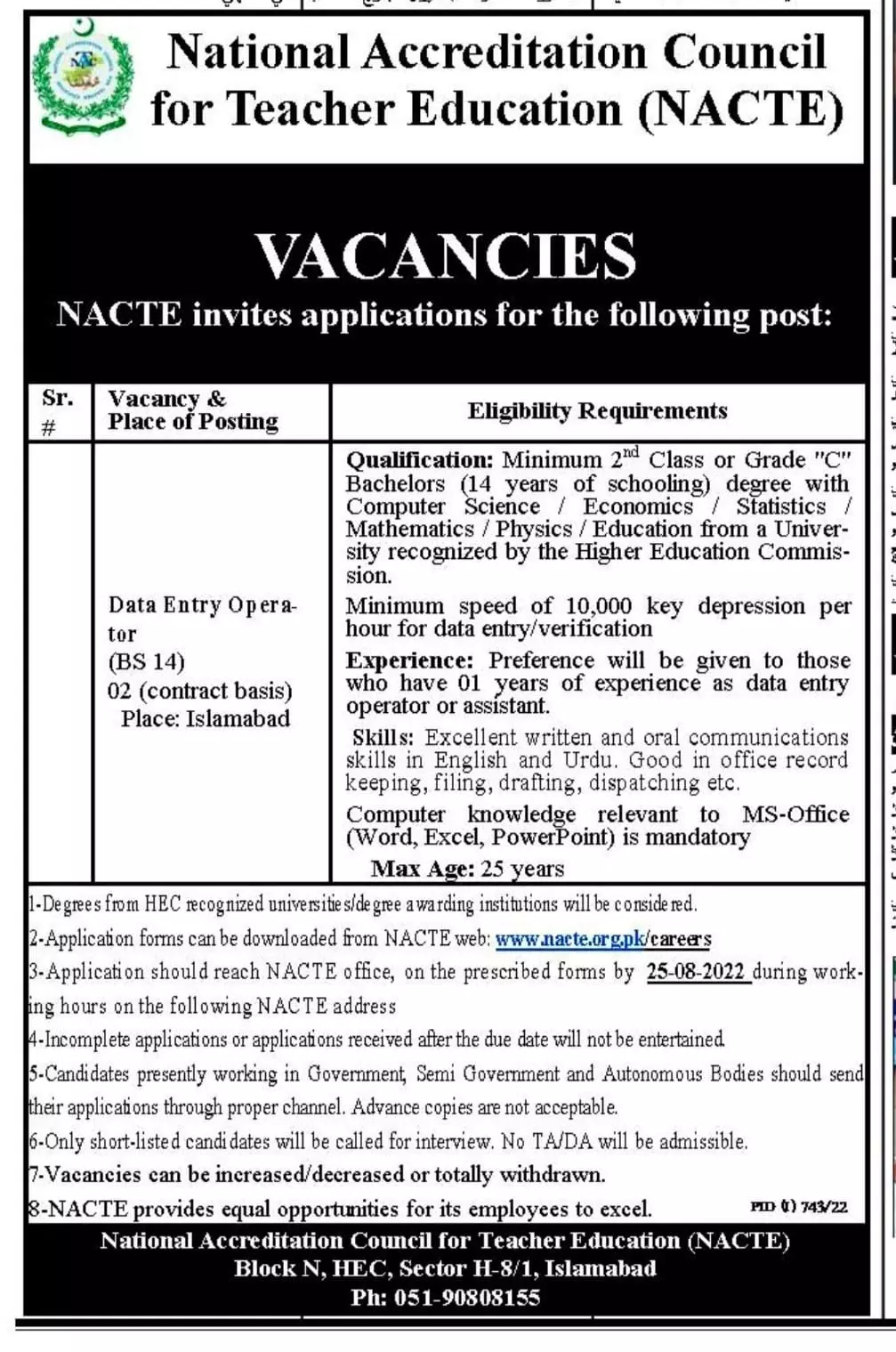 Jobs in Pakistan National Council  teacher Education (NACTE) – PAKISTAN NATIONAL ACCREDITATION COUNCIL ISLAMABAD Jobs 2022 — original advertisement