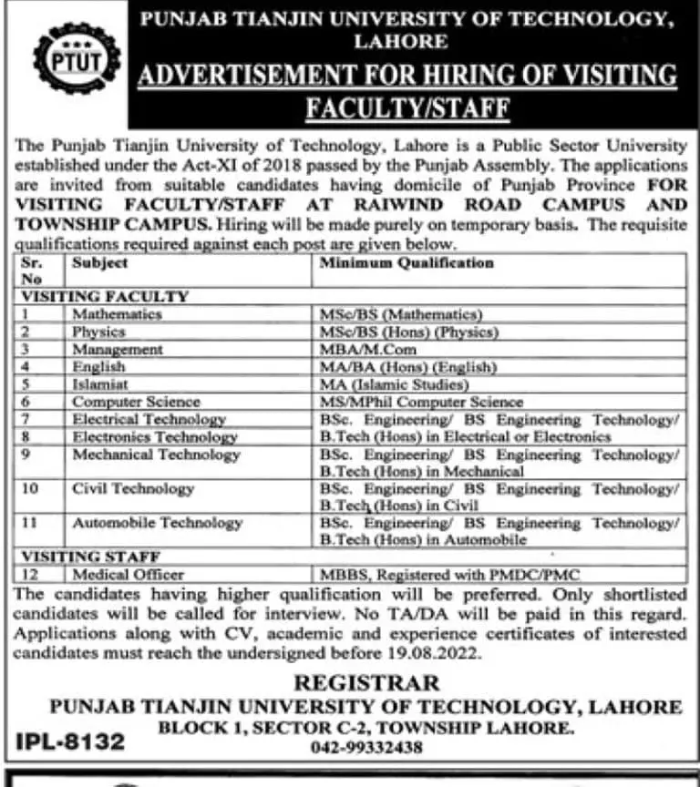 Jobs in Punjab Tianjin University of Technology Lahore Jobs 2022 — original advertisement