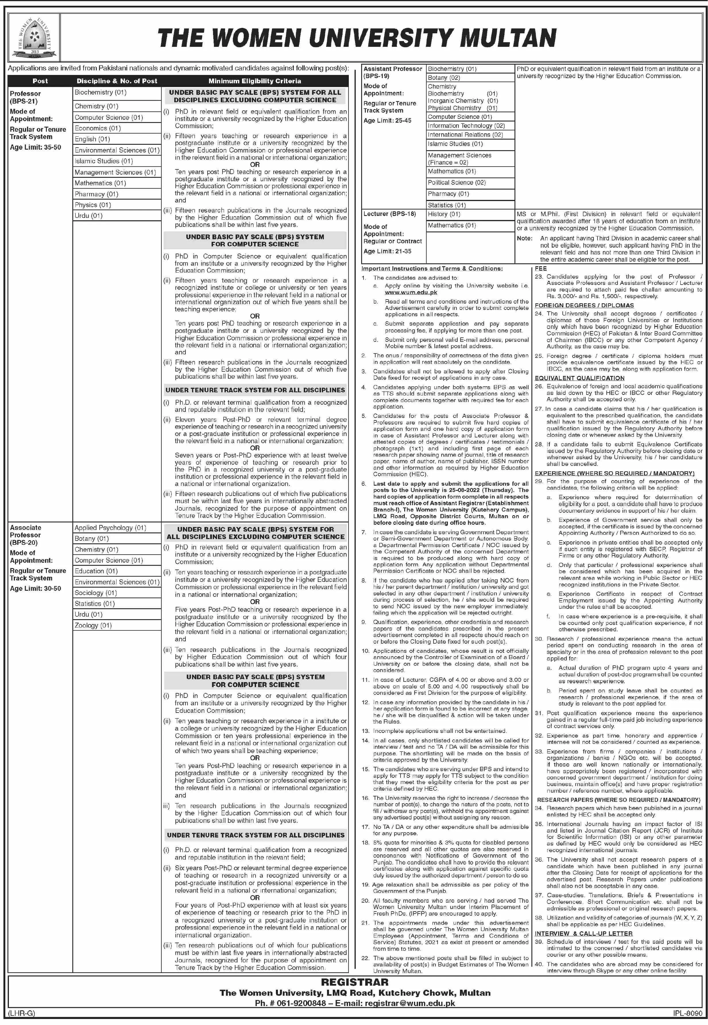 Jobs in Women University Multan Jobs 2022 — original advertisement
