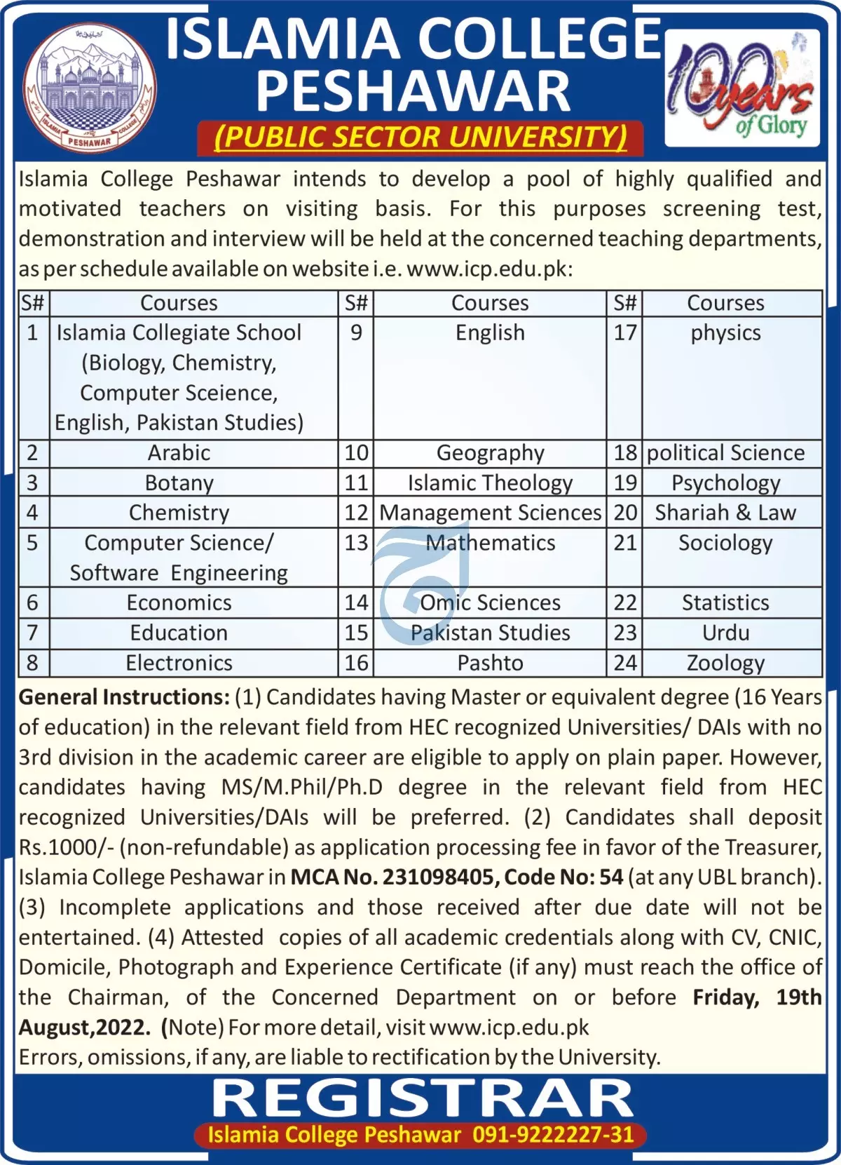 Jobs in Islamia College Peshawar Khyber Pakhtunkhwa – Islamia College University Peshawar Jobs 2022 — original advertisement