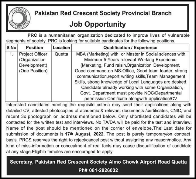 Jobs in Pakistan Red Crescent Society PRCS Quetta Jobs 2022 — original advertisement