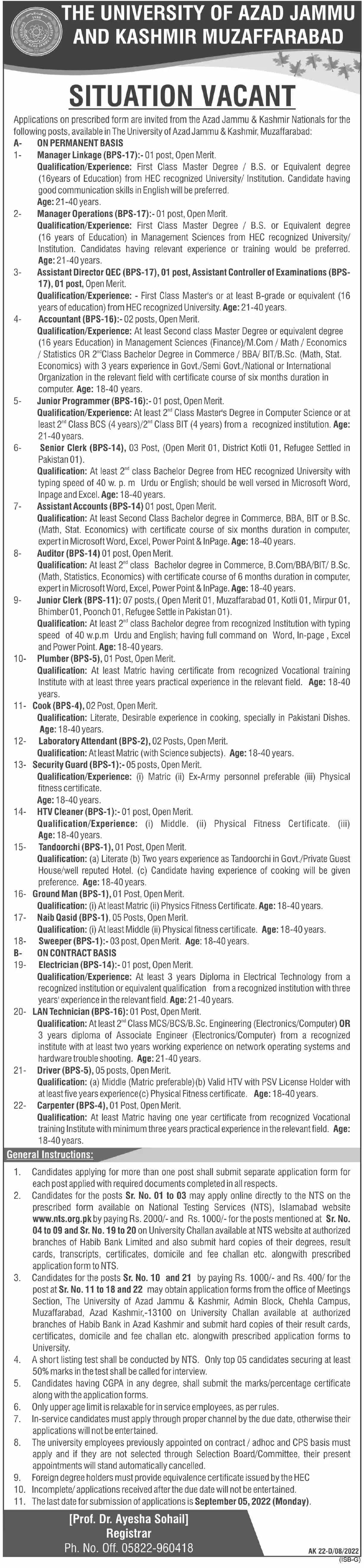 Jobs in University of AJK Muzaffarabad – University of Azad Jammu & Kashmir Jobs 2022 — original advertisement