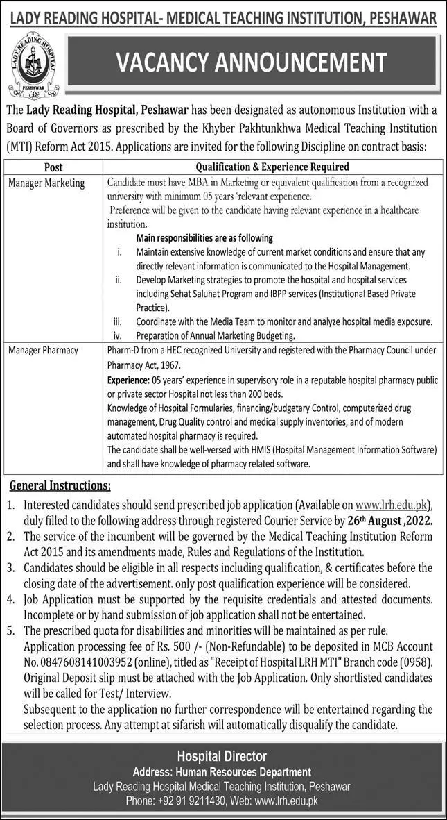 Jobs in Lady Reading Hospital MTI Peshawar – Lady Reading Hospital Peshawar Jobs 2022 — original advertisement