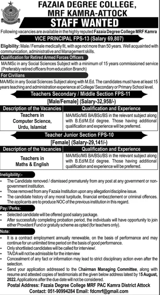 Jobs in Fazaia Degree College MRF Kamra Attock – Fazaia Schools & Colleges Jobs 2022 — original advertisement