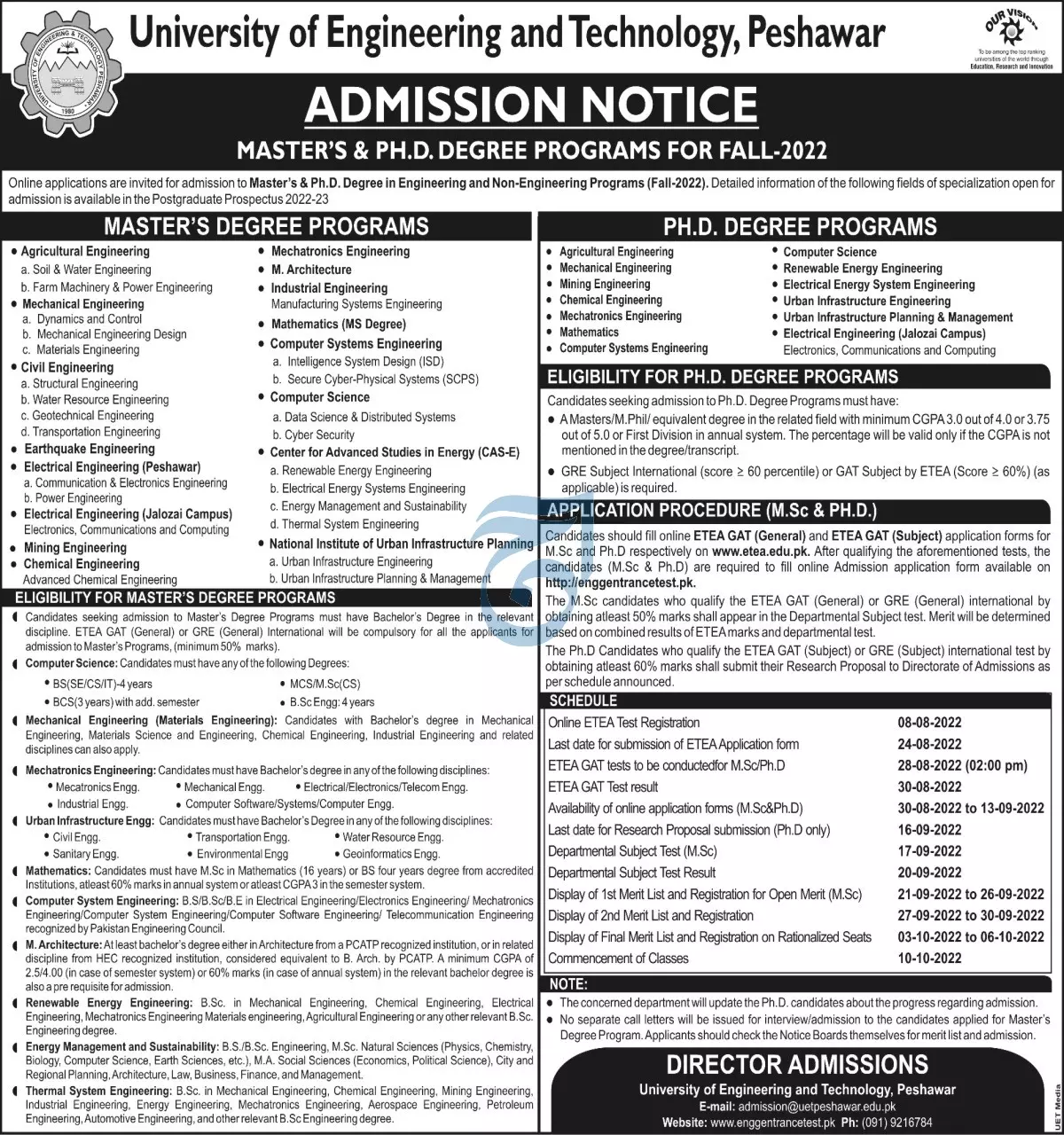 Admission in University of Engineering And Technology – University of Engineering and Technology Peshawar Admissions 2022 — original advertisement