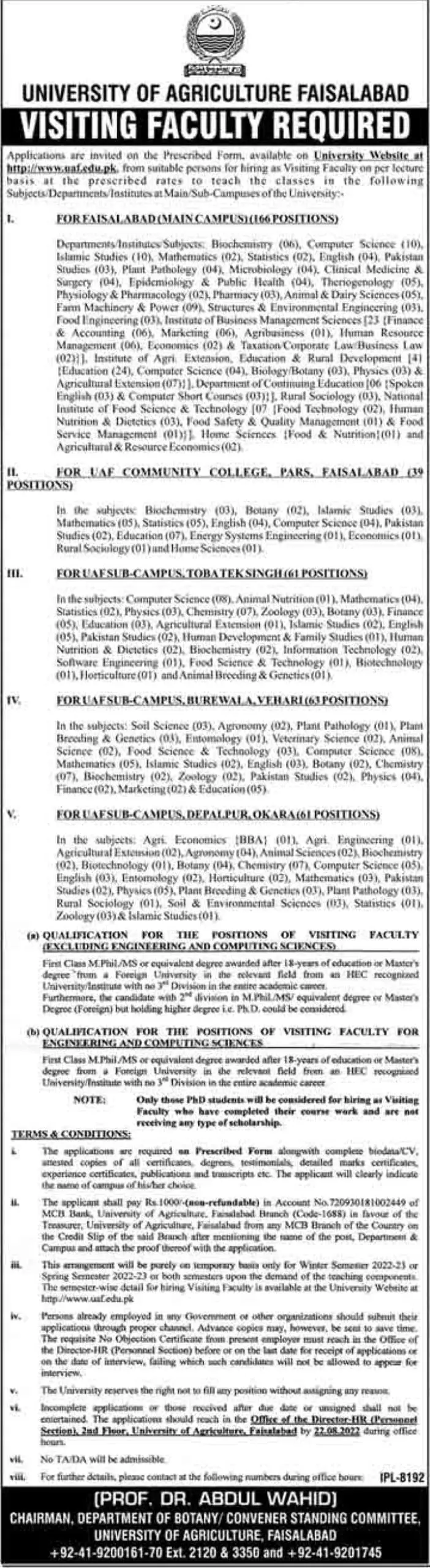 Jobs In University of Agriculture Faisalabad Jobs 2022 — original advertisement