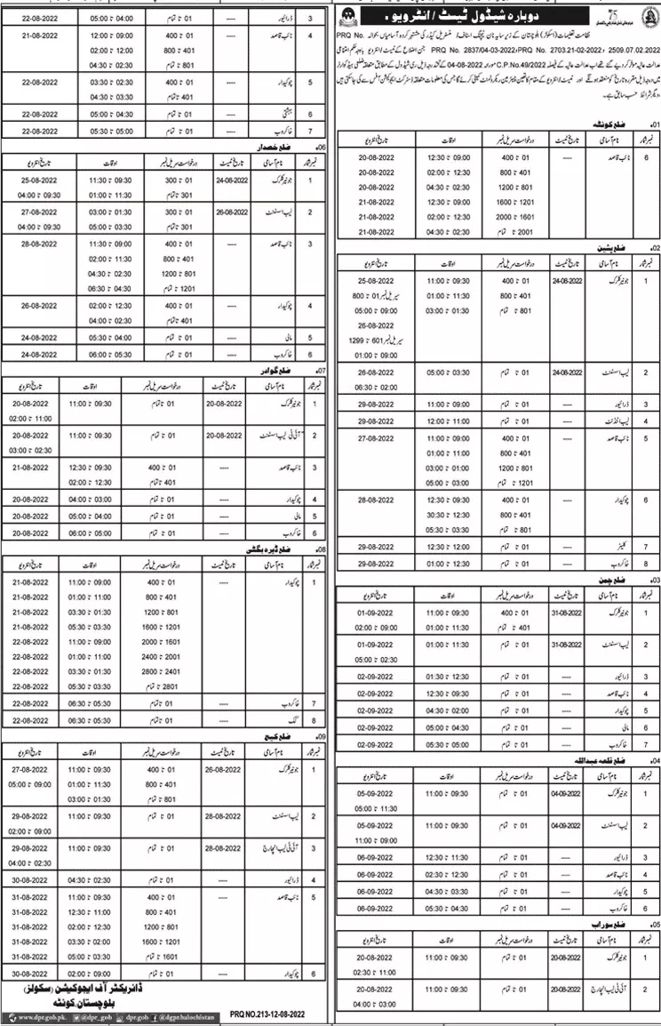 Test & Interview Schedule of Education department Balochista – Education Department Balochsitan Jobs 2022 — original advertisement