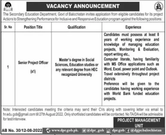 Jobs in Secondary Education Department Balochistan Jobs 2022 — original advertisement