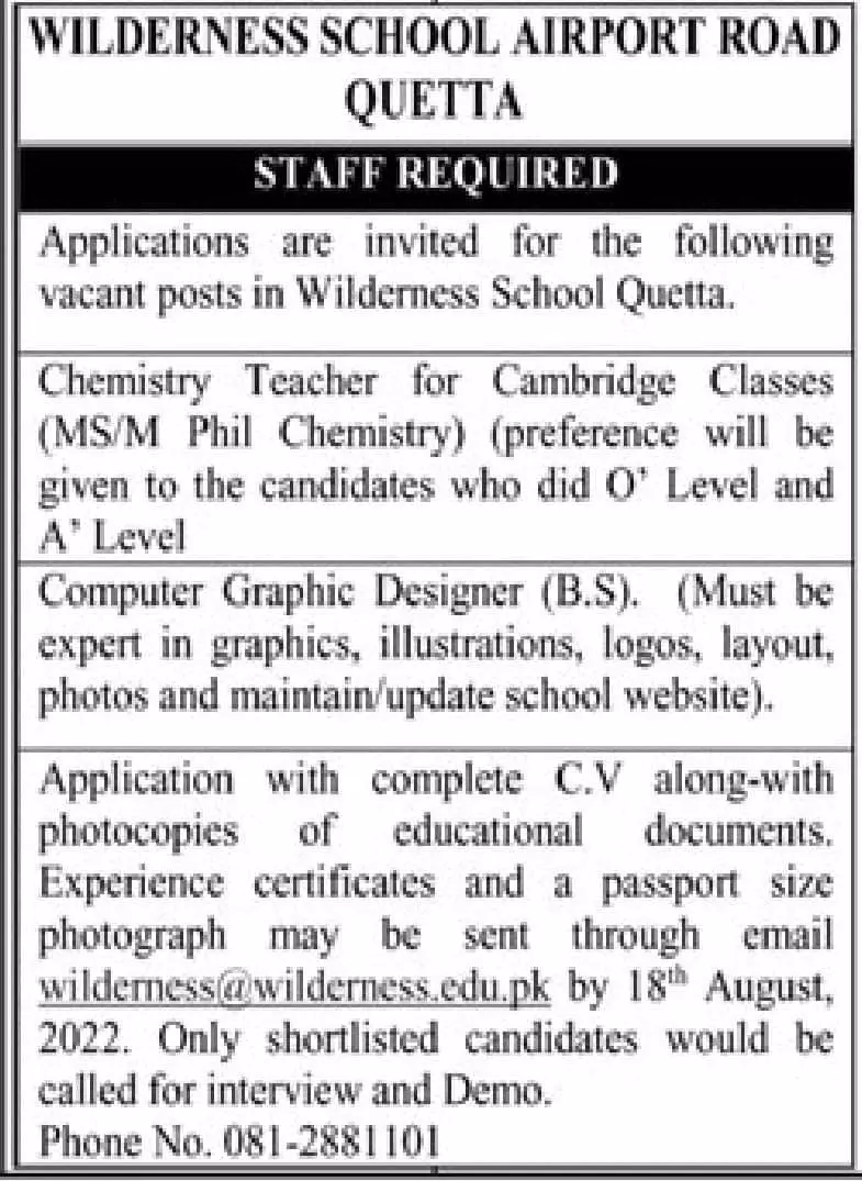 Jobs in Wilderness School Quetta 2022 Jobs 2022 — original advertisement