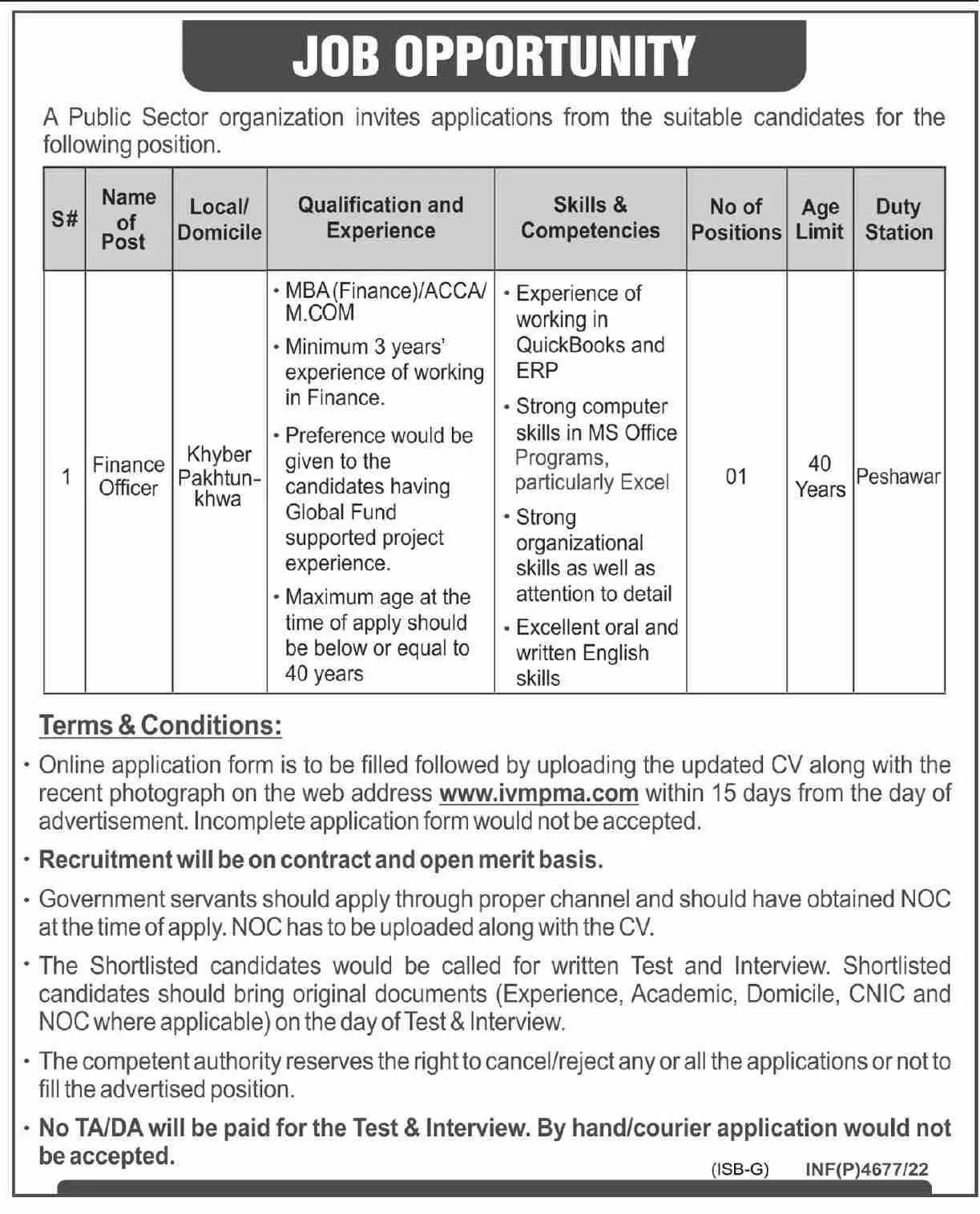 Jobs in Public Sector organization Peshawar Jobs 2022 — original advertisement