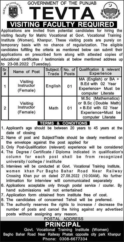 Jobs in Technical Education & Vocational Training Authority – Technical Education & Vocational Training Authority TEVTA Punjab Jobs 2022 — original advertisement