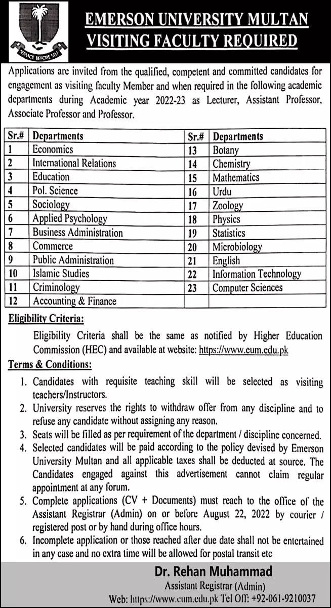 Jobs in Emerson University Multan Punjab Jobs 2022 — original advertisement