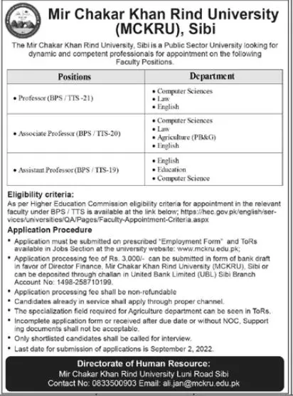 Jobs in Mir Chakar Khan Rind University 2022 – Mir Chakar Khan Rind University Sibi Jobs 2022 — original advertisement