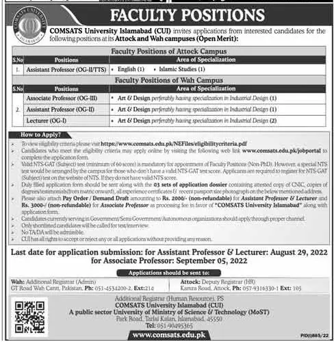 Jobs in COMSATS University Islamabad CUI Jobs 2022 — original advertisement