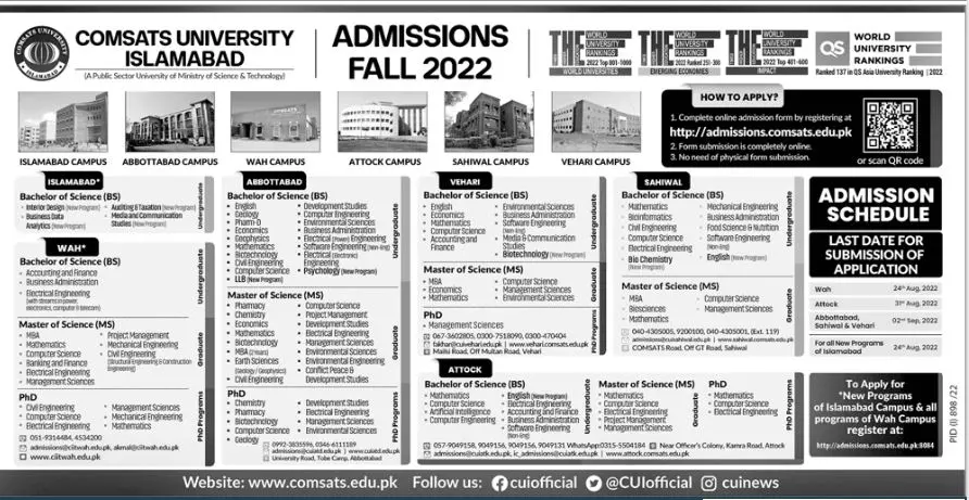 Admission  in COMSATS University Islamabad CUI Admissions 2022 — original advertisement
