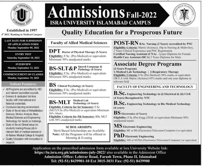 Admission in Israr University Islamabad Campus – Isra University Karachi Admissions 2022 — original advertisement