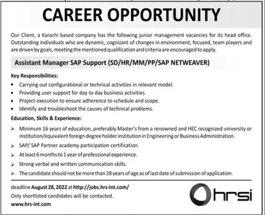 Jobs in Karachi Based Company – Private Company Jobs 2022 — original advertisement