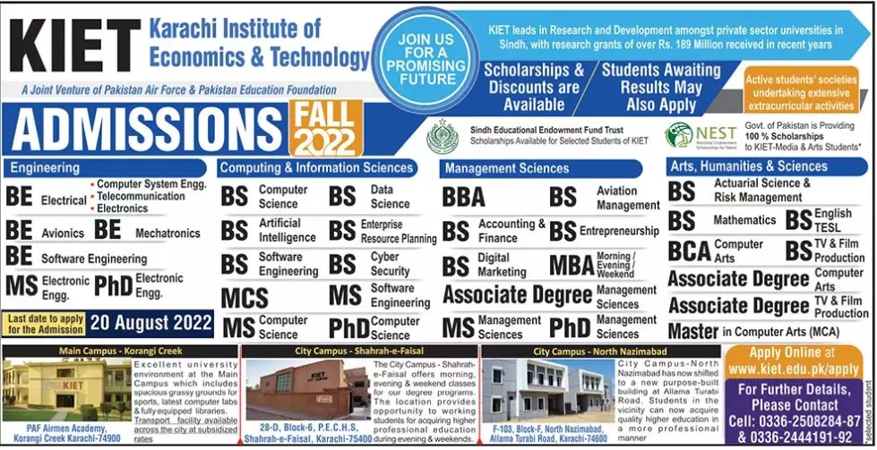 Admission in Karachi institute of Economic & Technology KIET – Karachi Institute of Economics and Technology KIET Admissions 2022 — original advertisement