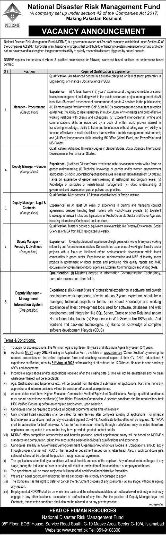 Jobs in National Disaster Risk Management Fund – National Disaster & Risk Management Fund Jobs 2022 — original advertisement