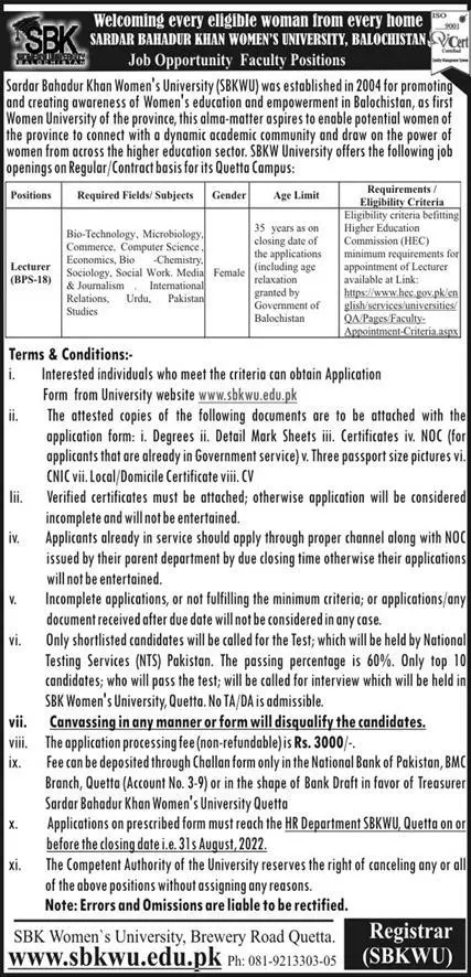 Jobs in Sardar Bahadur Khan Women University Balochistan – Sardar Bahadur Khan Women's University Quetta Jobs 2022 — original advertisement