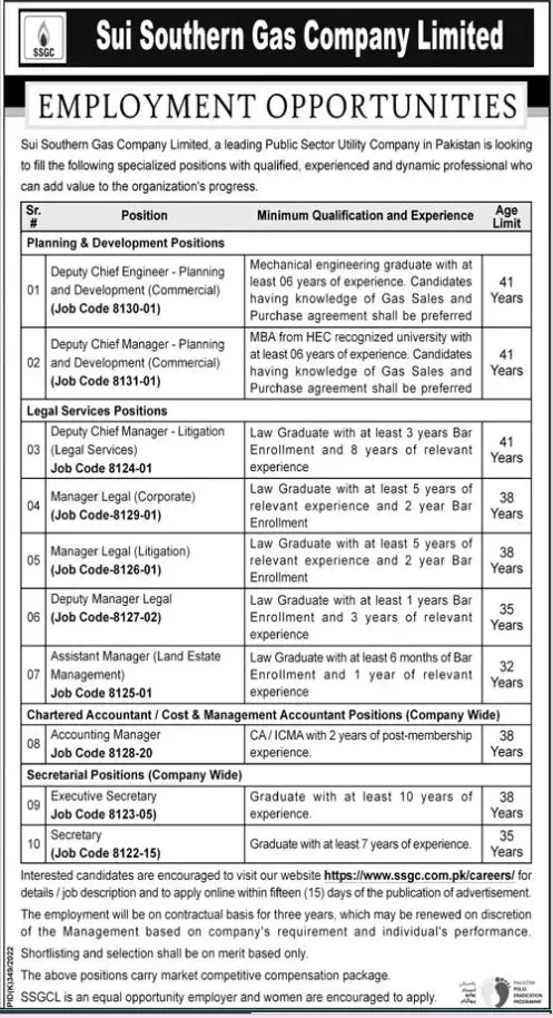 Jobs in Sui Southern Gas Company Limited Jobs 2022 — original advertisement