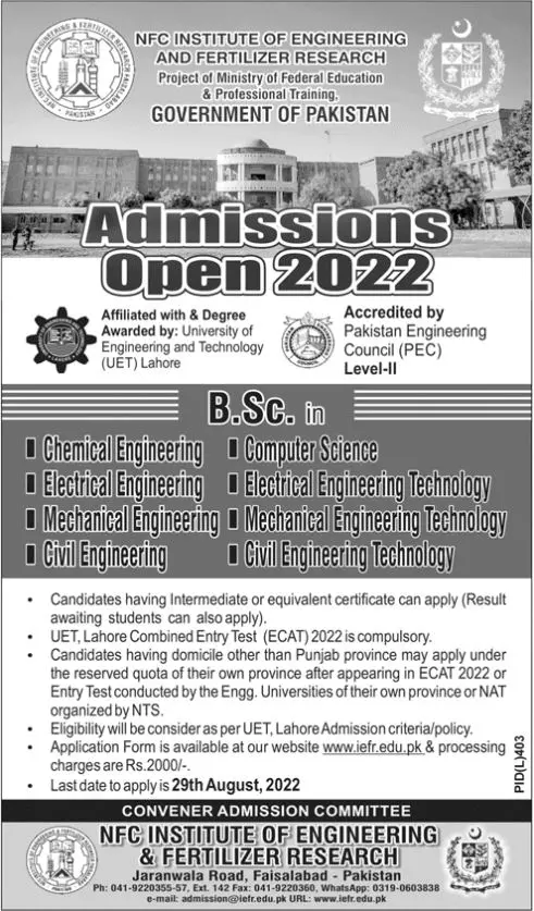Admission in NFC Institute Of Engineering And Fertilizer – NFC Institute of Engineering and Fertilizer Research Faisalabad Admissions 2022 — original advertisement